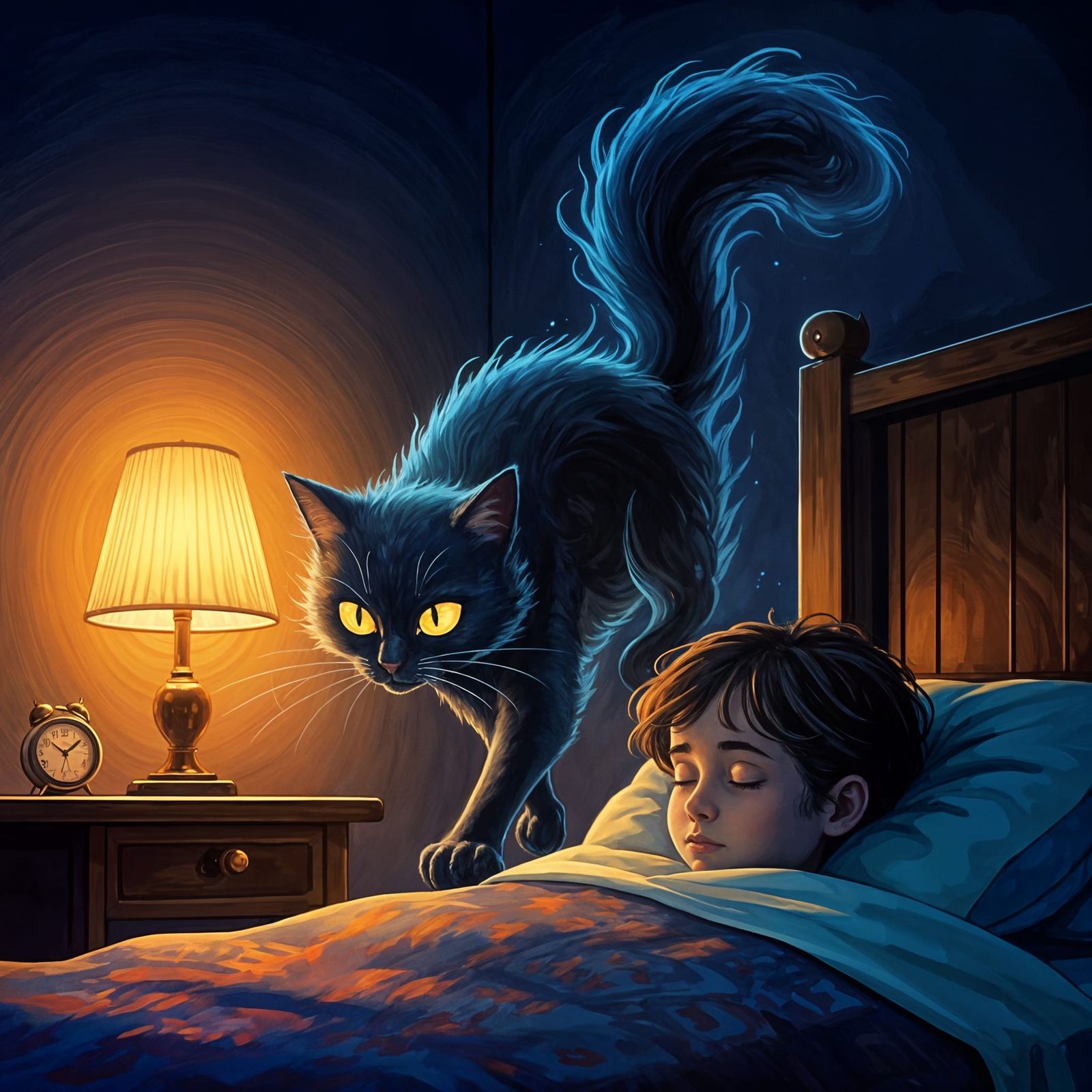 Ethereal Cat Ghost in Child's Bedroom, Gouache Illustration