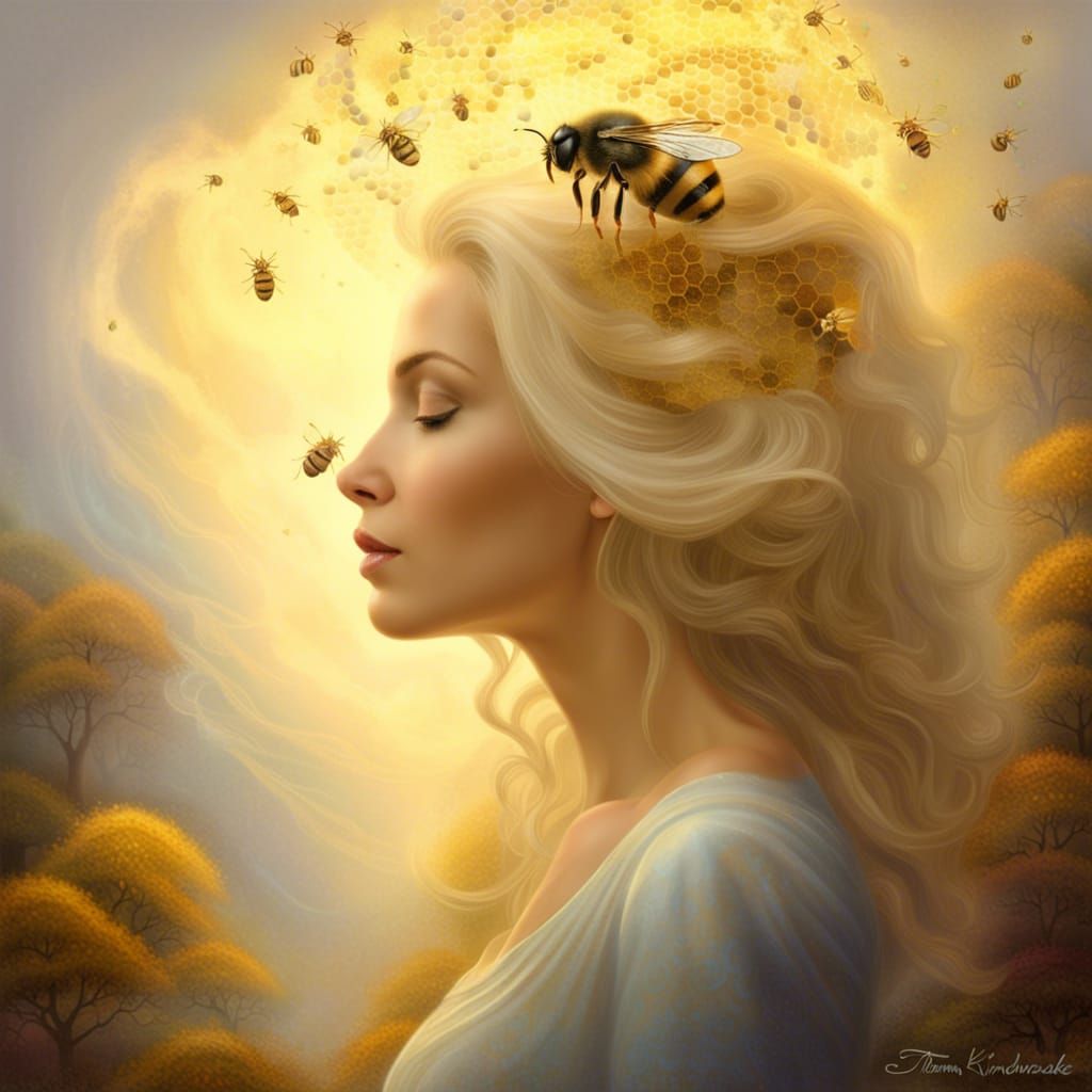 Beautiful blonde woman profile, mind unraveling with a bee hive in her mind, surreal, fantasy