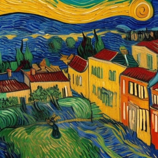 Village in Swirling Landscape as Impasto Oil Painting