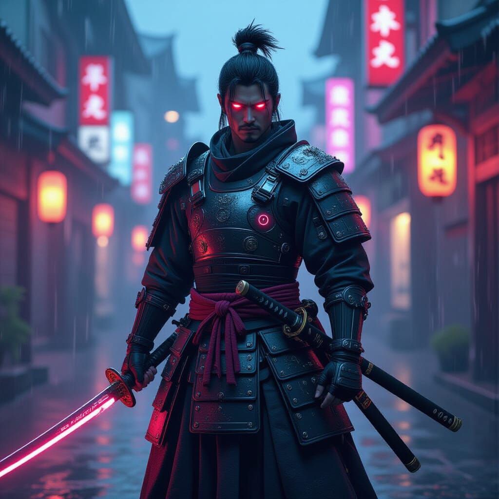 Cyberpunk Samurai Warrior in Neon Rain, Photorealistic Style
