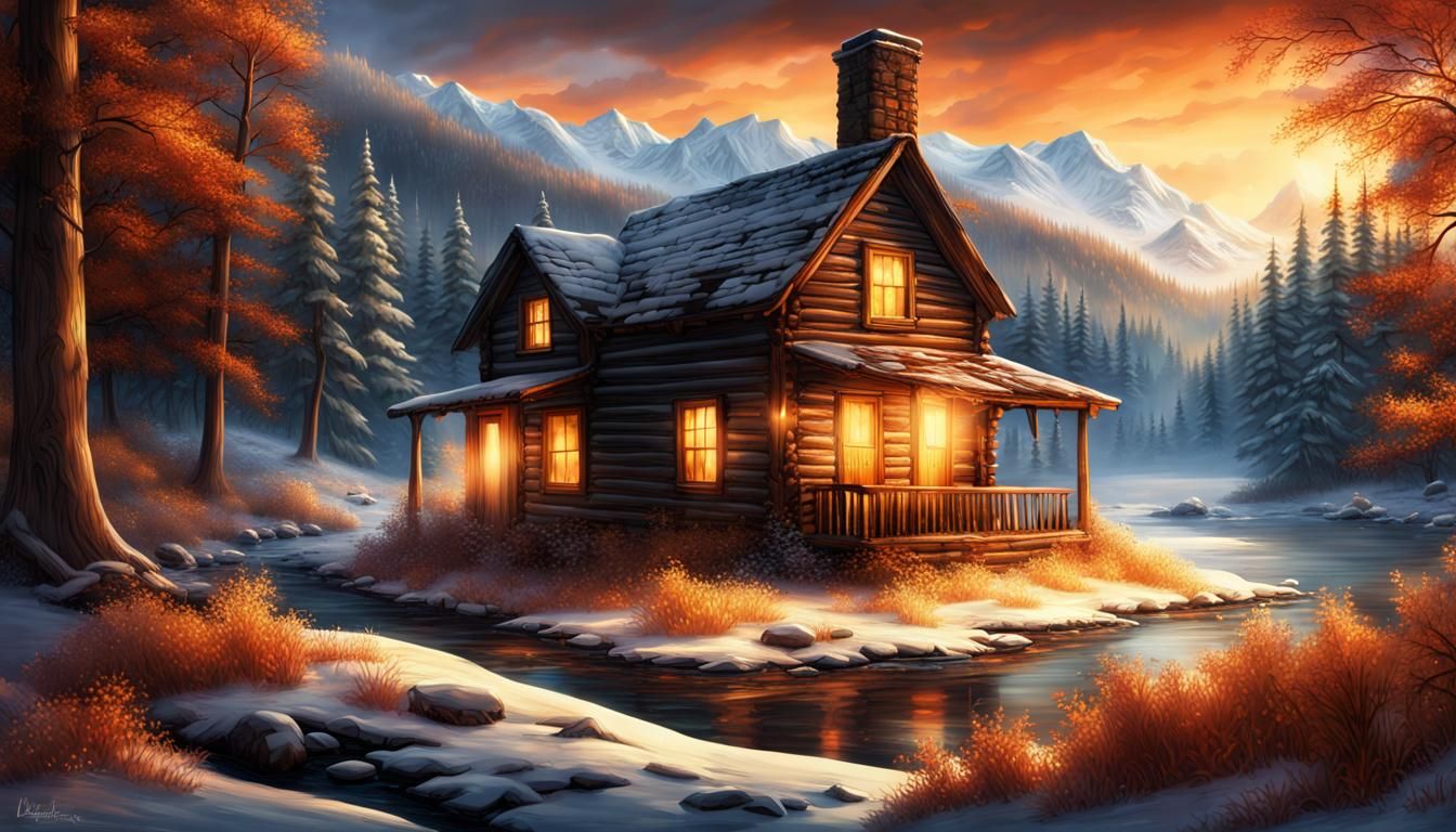Winter Cabin Sunrise in Terry Redlin Style