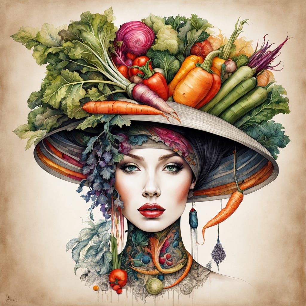 Woman With Surreal Vegetable Hat