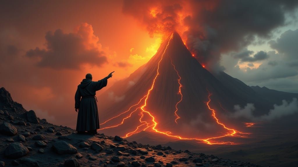 Mt Doom Erupts: Wizard Watches Ash Rain on Mordor Landscape