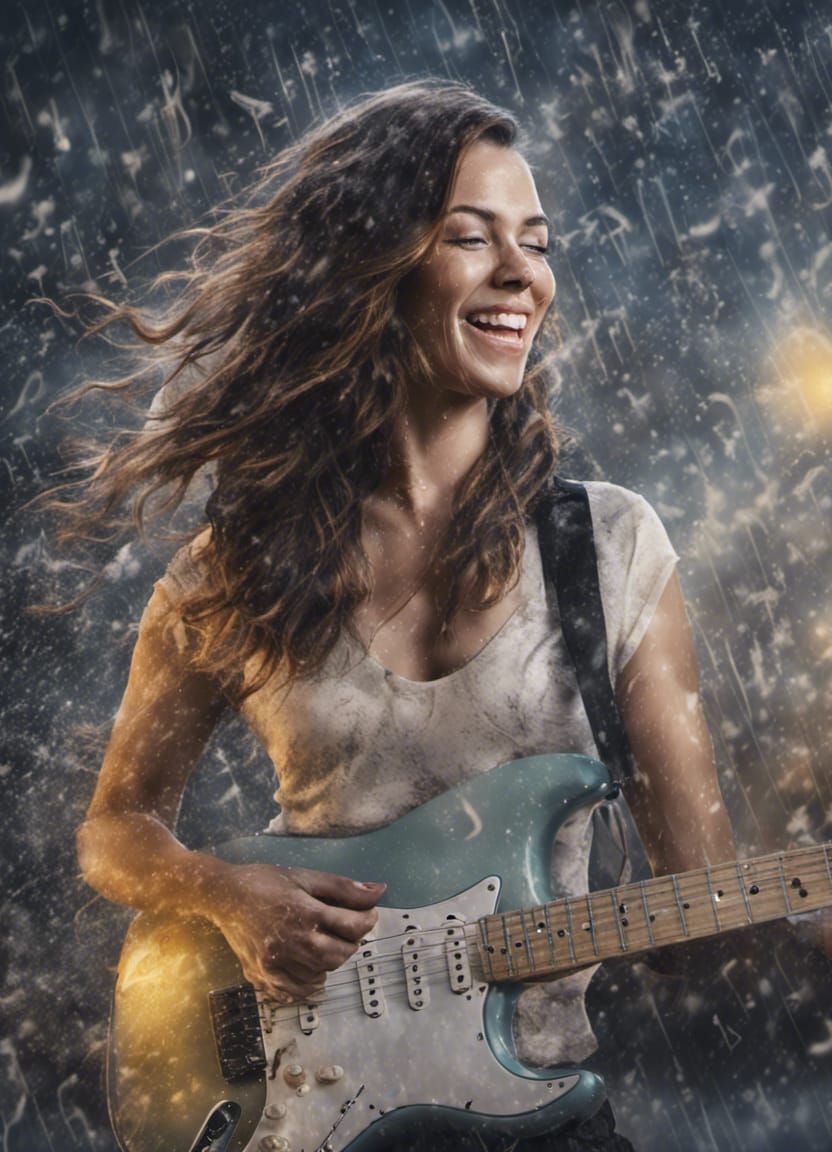 Electric Guitar Player in Rainy Cityscape