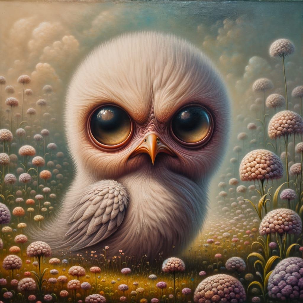 Surreal Grumpy Chick in Flowered Meadow Painting