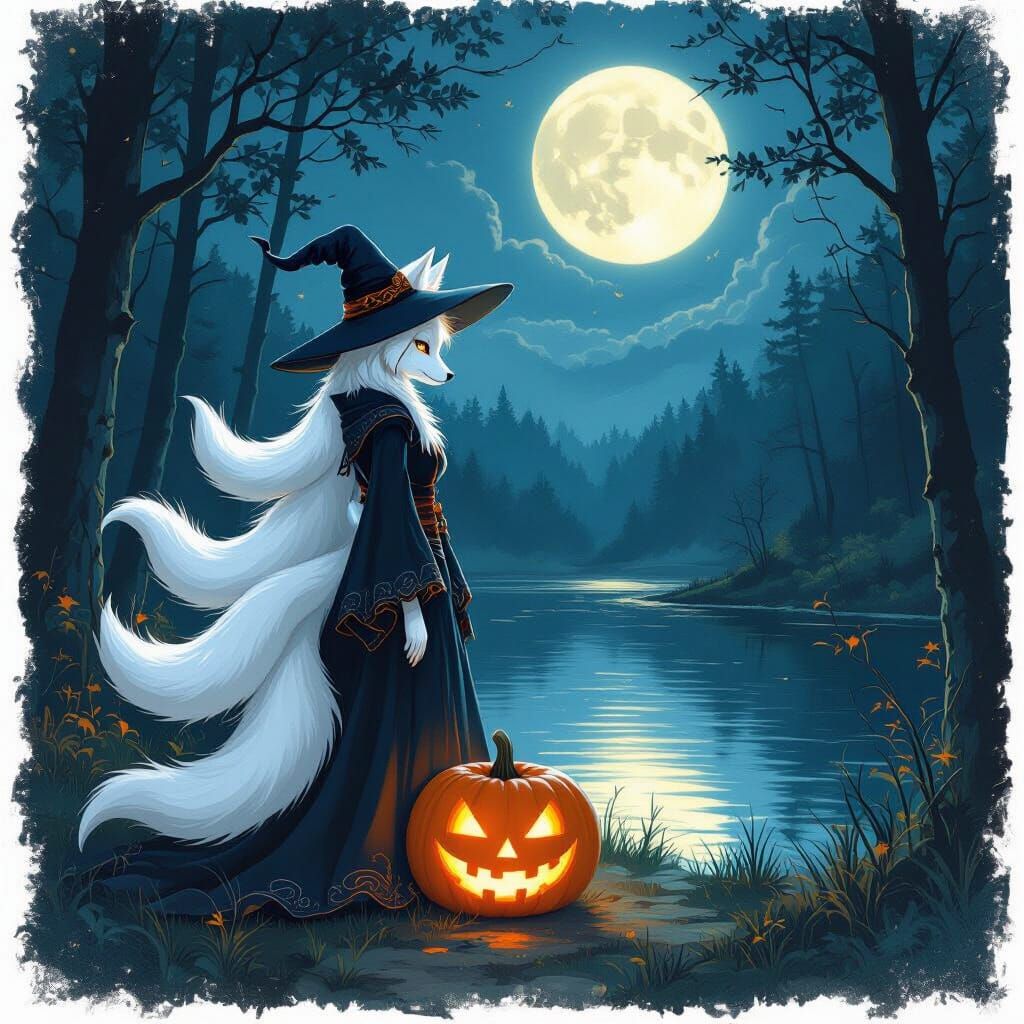 Kitsune Witch in Moonlit Forest by Serene Lake