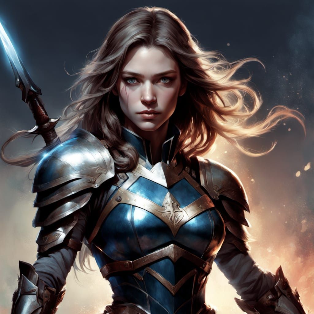 Girl in Ethereal Armor with Luminous Sword and Blowing Hair