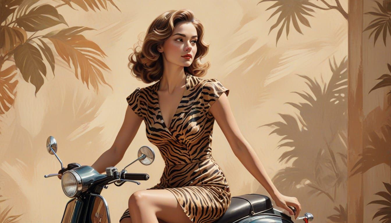 Vintage Woman on Classic Scooter: Elegant, Retro Art