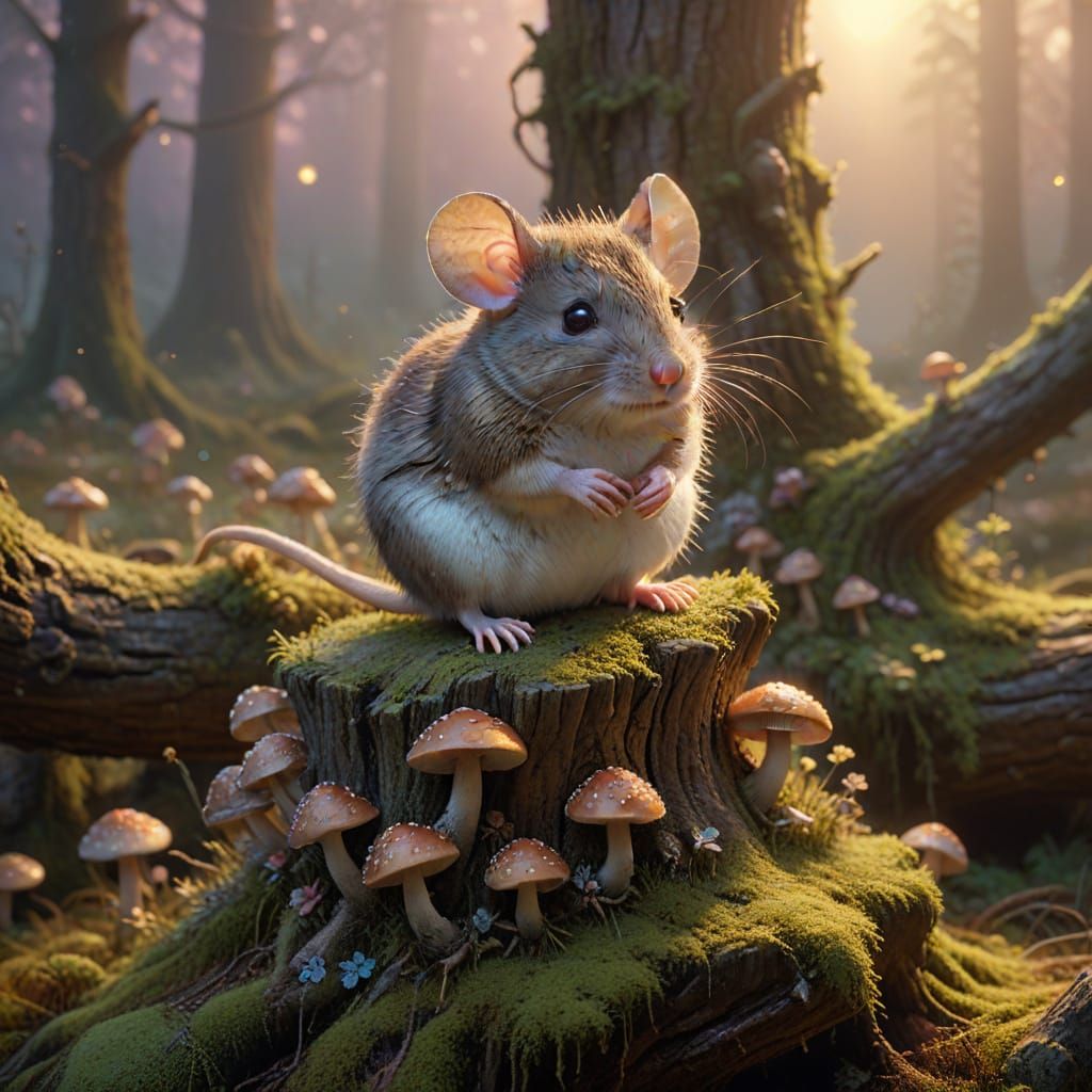 Furry Mouse in Foggy Forest Clearing