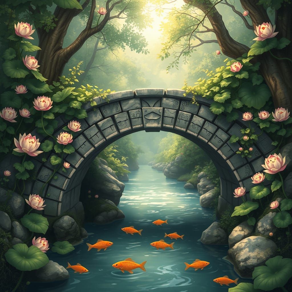 Enchanted Forest Bridge with Lotus Flowers: Kawaii Art