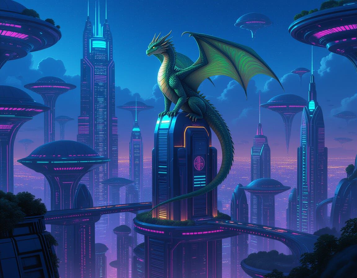 Bioluminescent Dragon Perched Atop Futuristic Alien City