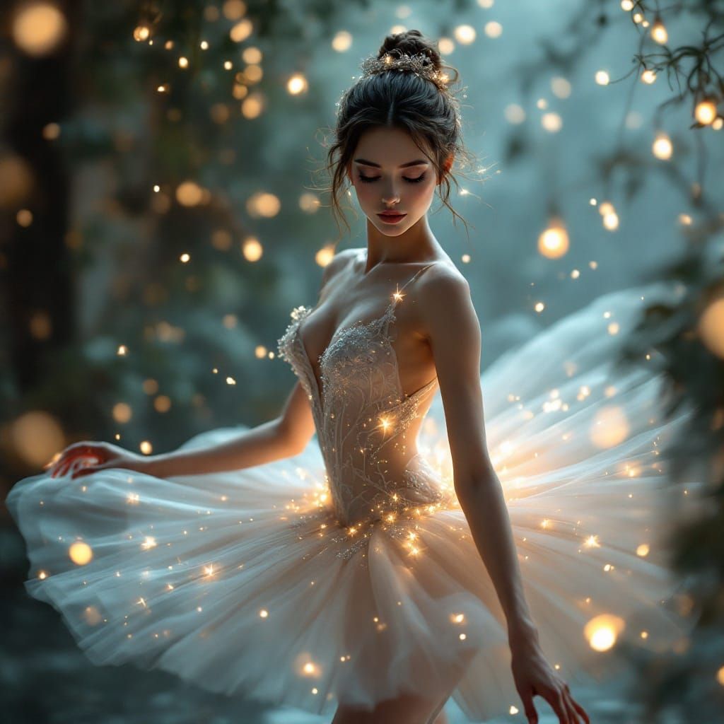 Ethereal Ballerina in Dreamlike, Bioluminescent Setting