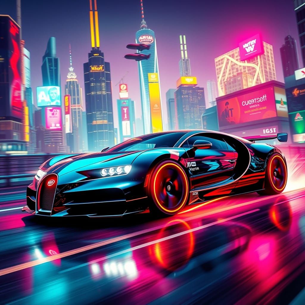 Futuristic Veyron Races Through Neon Cityscape