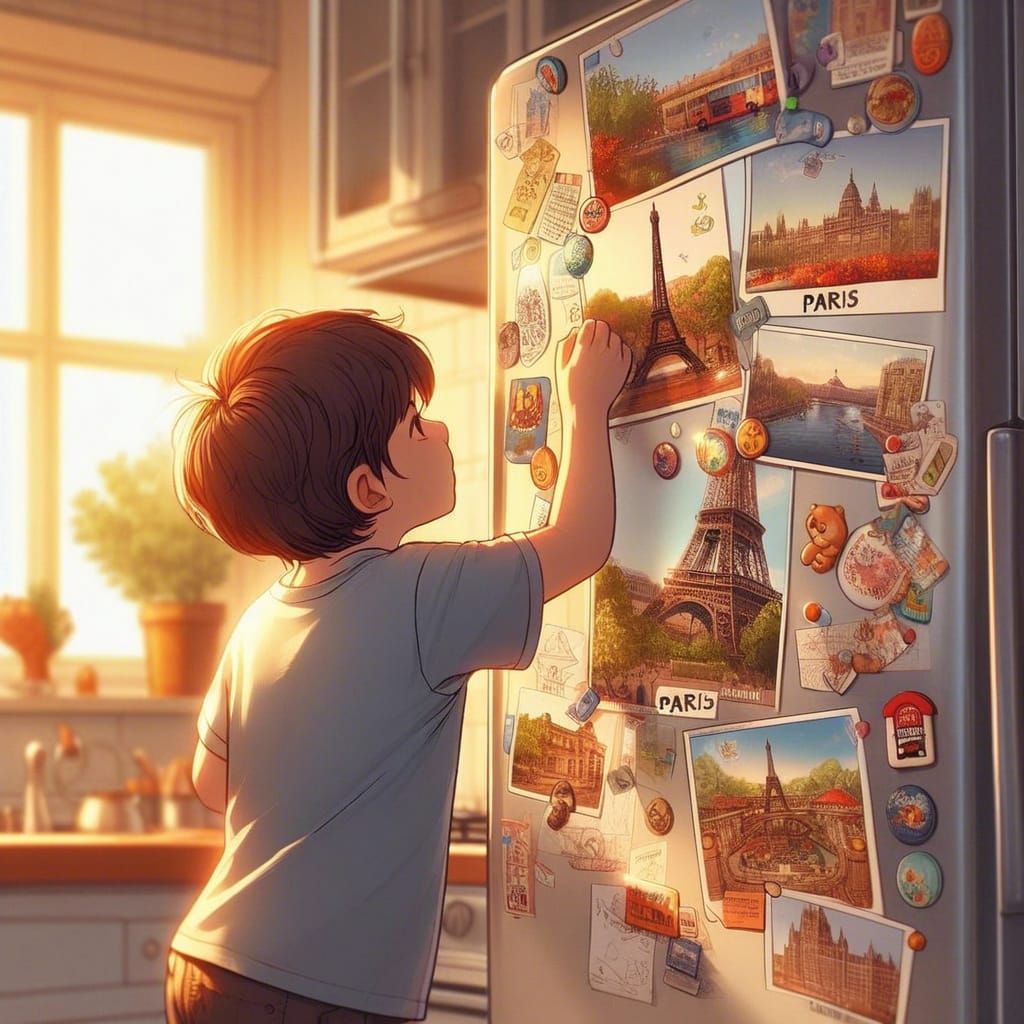 A fridge is always a good place for a postcard collection display
