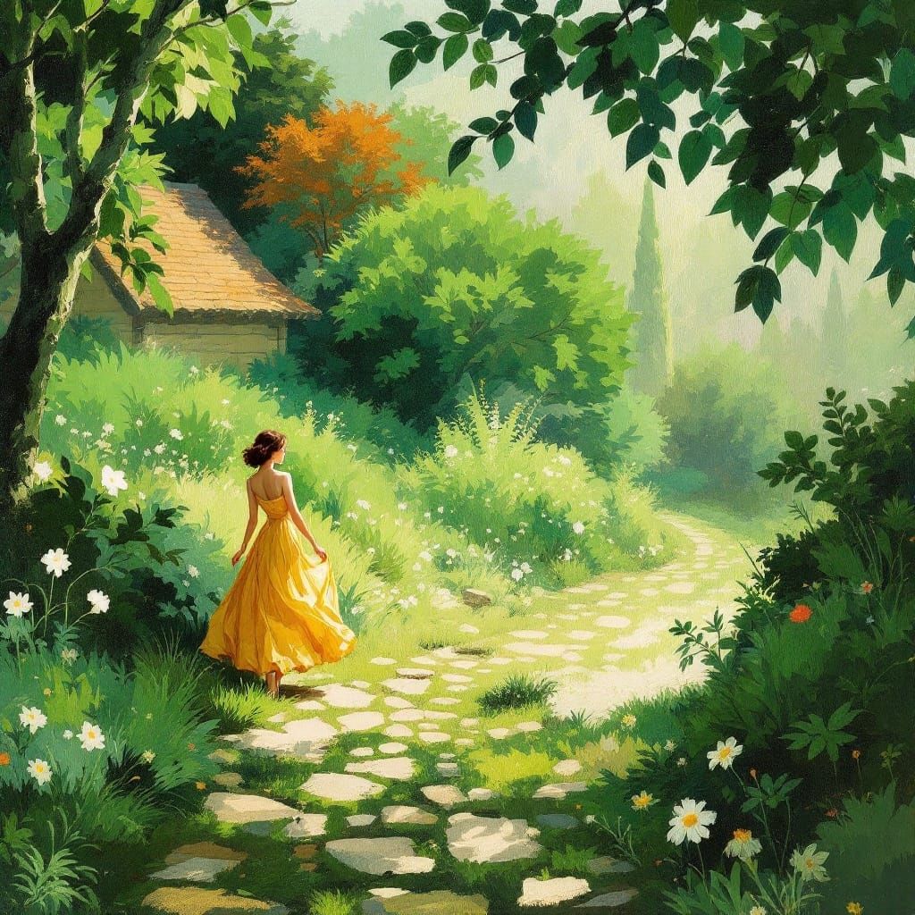 Woman Walks Sunlit Street in Plein Air Nouveau Style