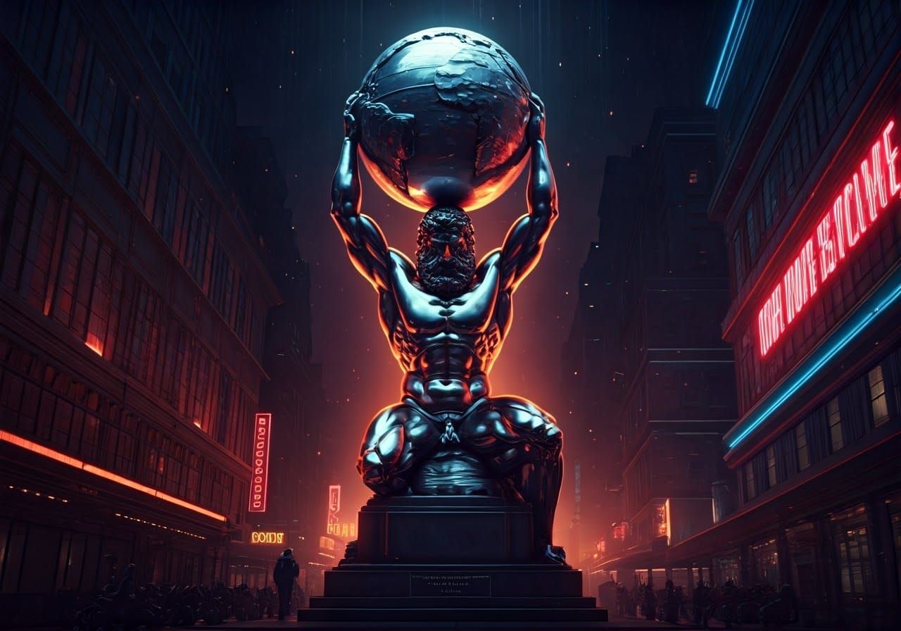 Art Deco Hercules Statue in Neon City