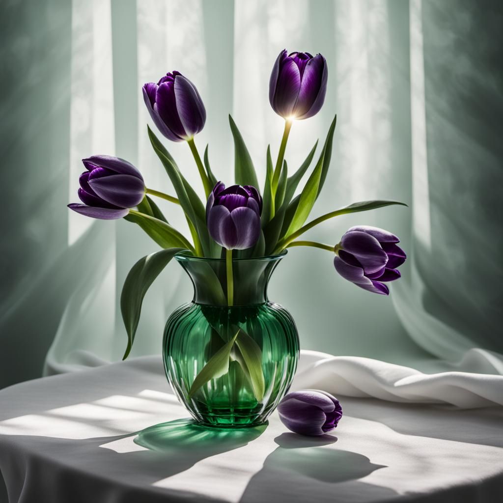 Violet Tulips in Dark Green Vase