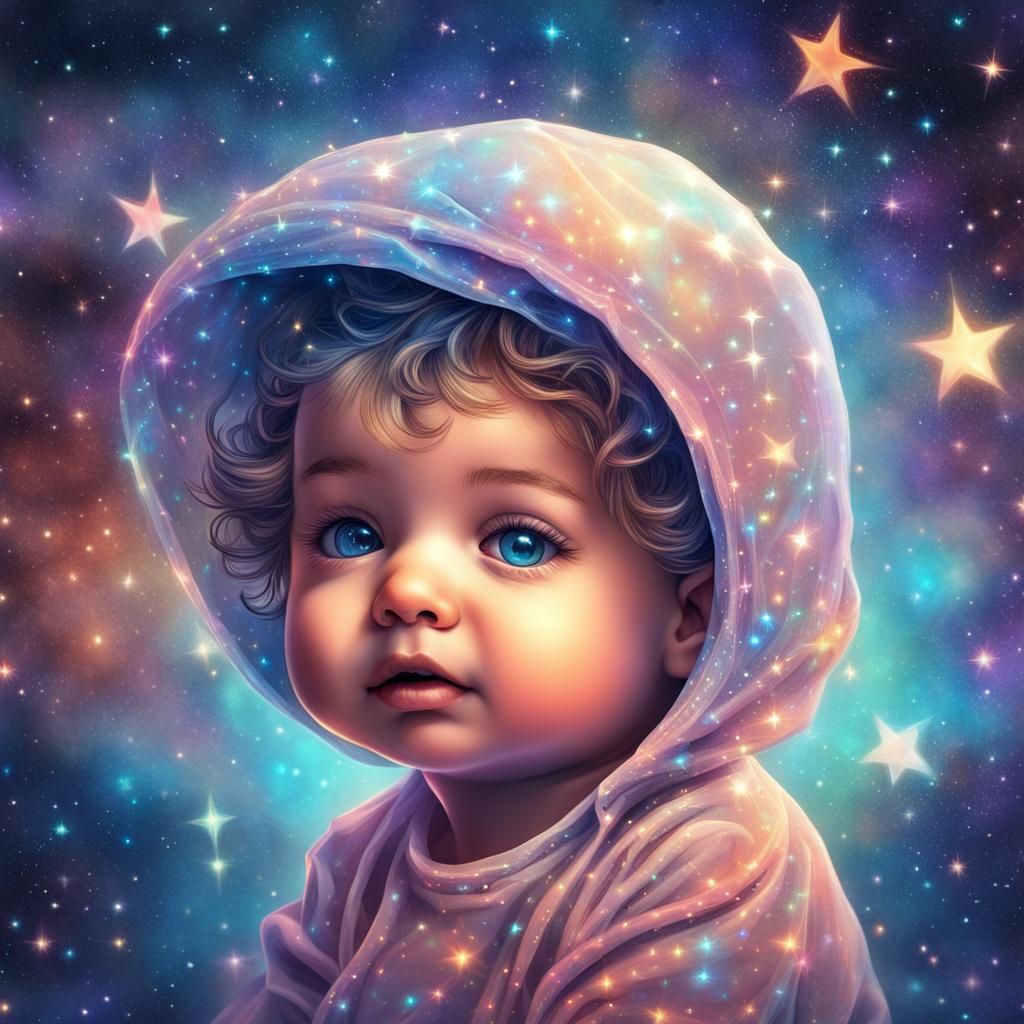 Cute Baby with Stars: Holographic Astral Illustration