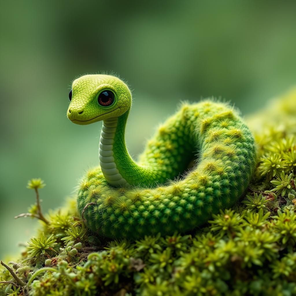 Mossy Baby Snake in Whimsical Fantasy Art Style