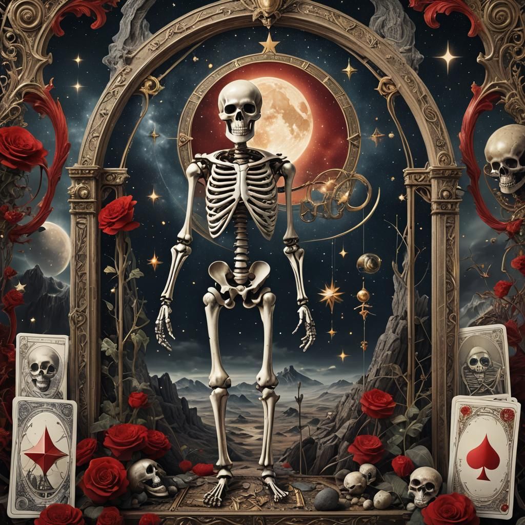 Tarot Card: The Universe with Skeleton and Stars