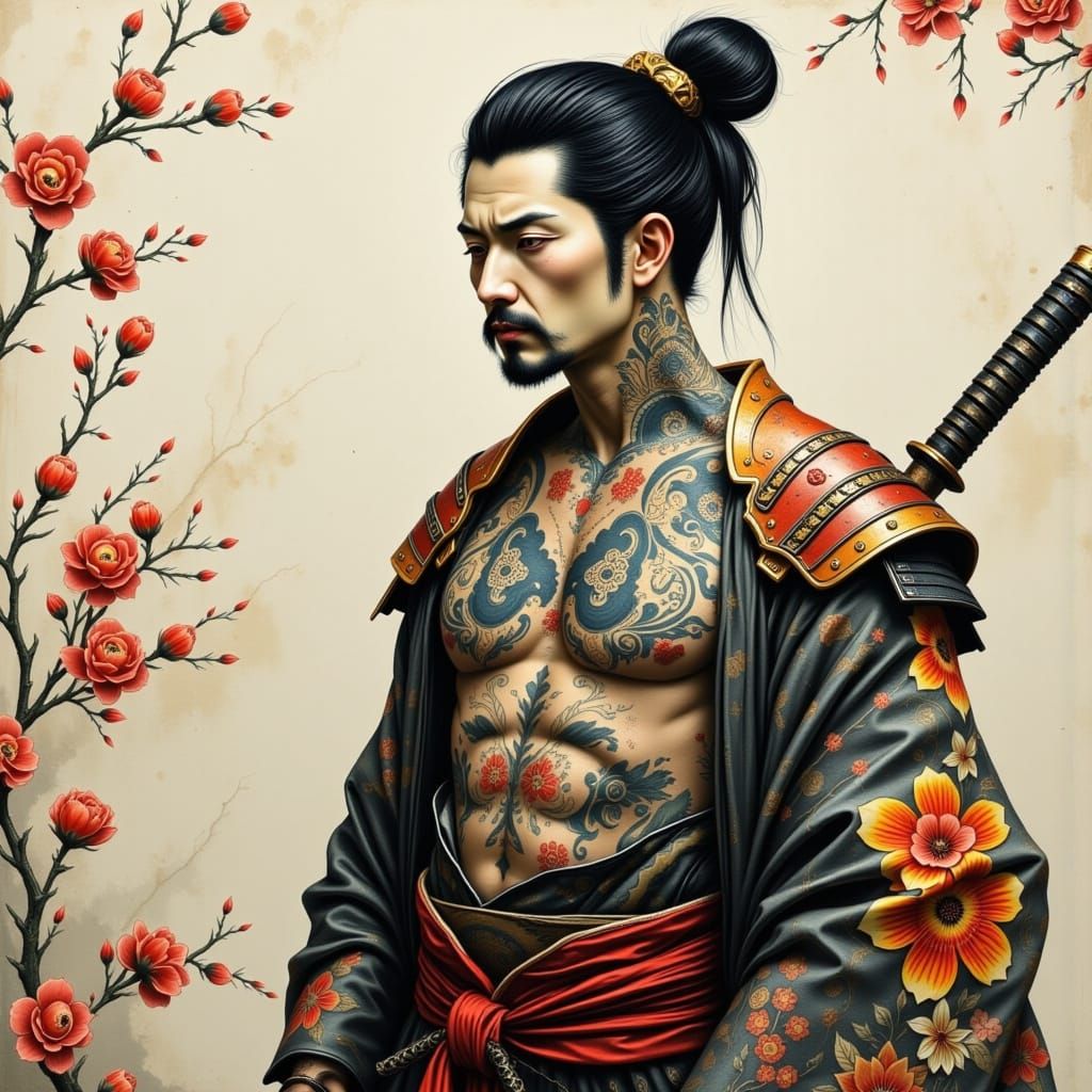 Tattooed Samurai in Watercolor Japanese Art Style