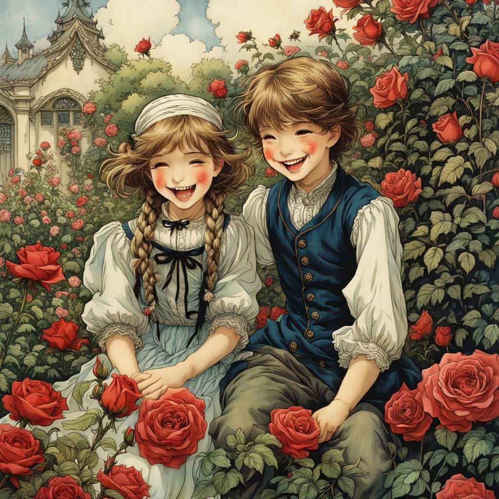 Laughing Girl and Smiling Boy in Anime Rose Garden