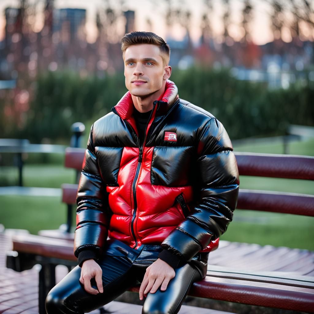 Muscular Man in Leather and Puffer Jacket