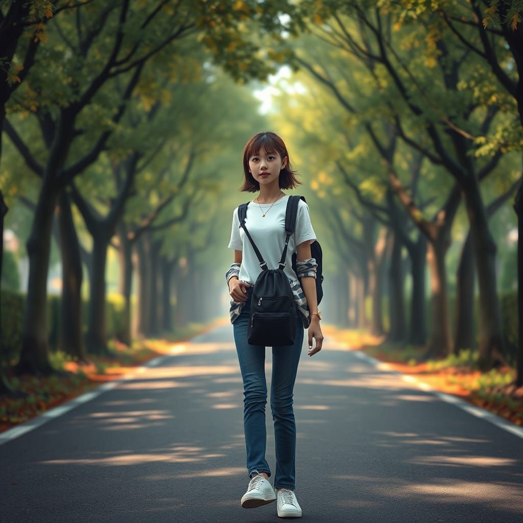 Japanese Girl Walking on Tree-Lined Road