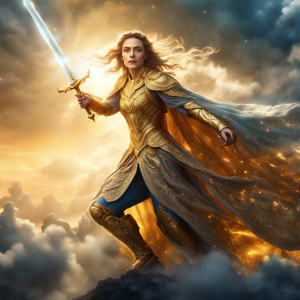 Goddess Soaring Through Clouds with Sword: Digital Painting