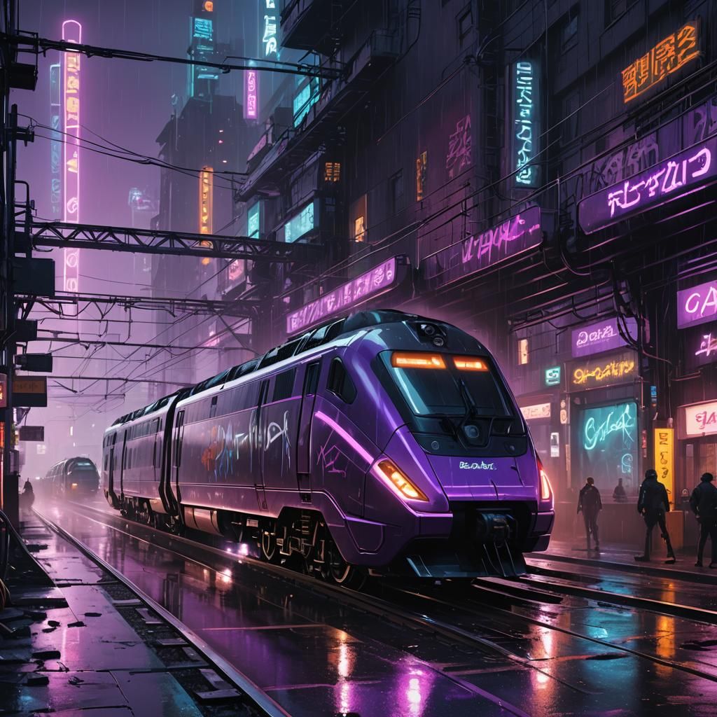 Futuristic Cyberpunk Train Speeding Through Neon Cityscape