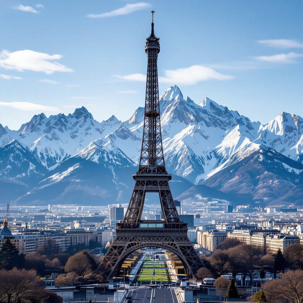 Hyperrealistic Eiffel Tower Photo with Snow-Capped Mountains