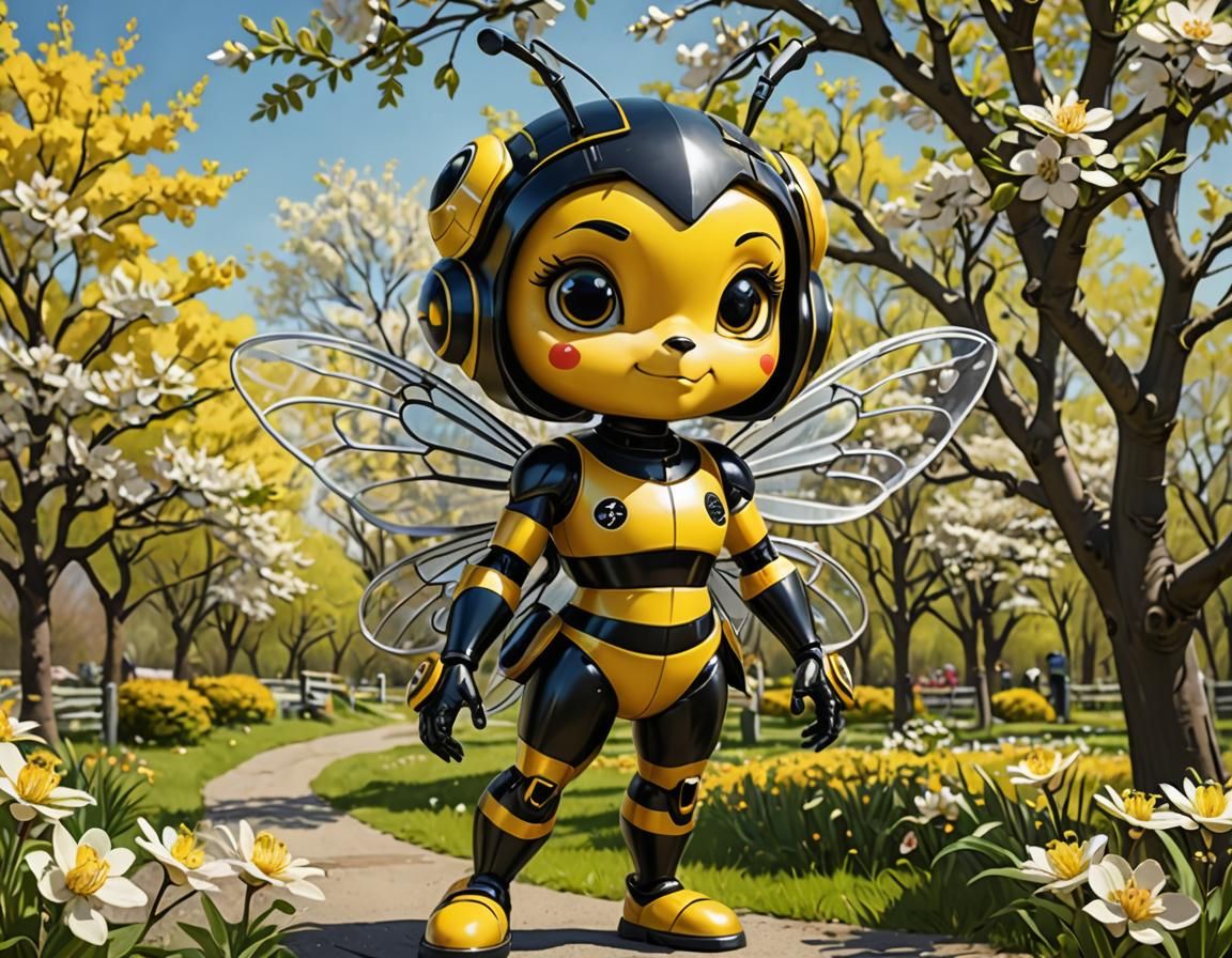 Bumblebee Girl in Spring Apple Orchard, Looney Tunes Style