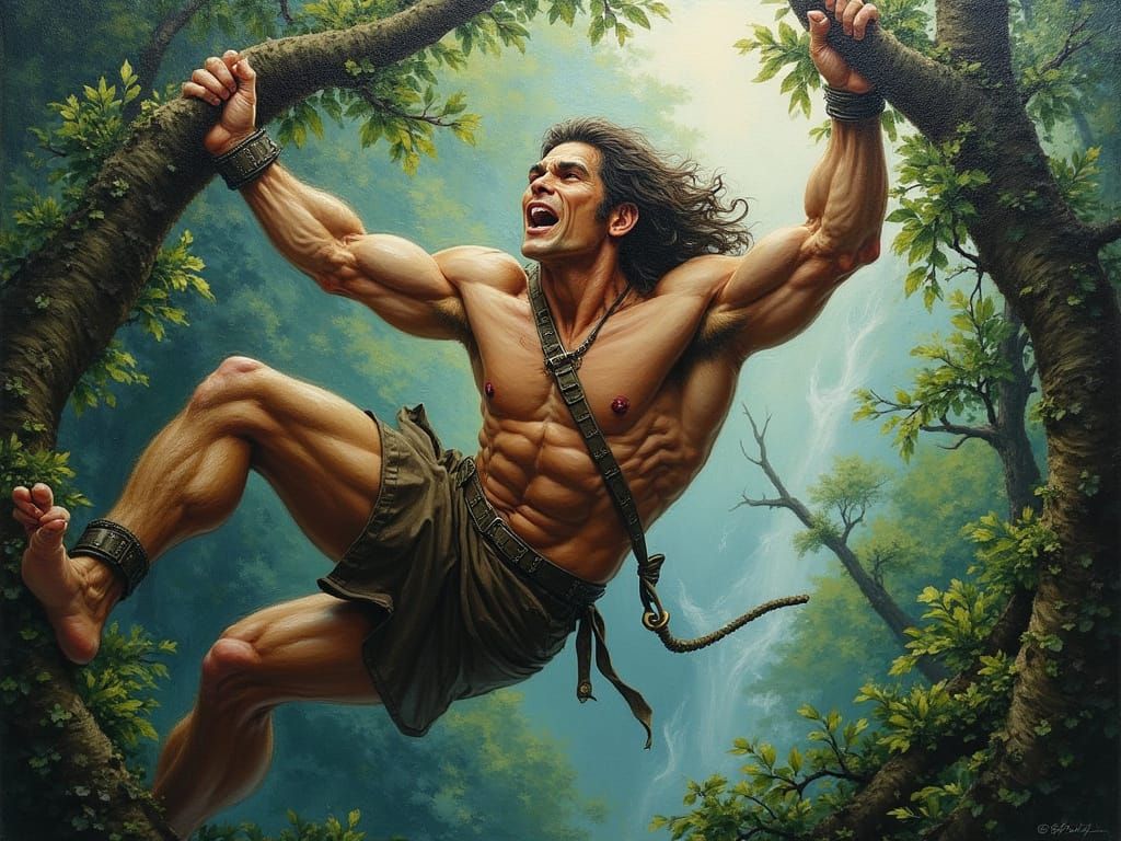 Strong Tarzan Swings Through Fantasy Forest in Embossed Oil ...