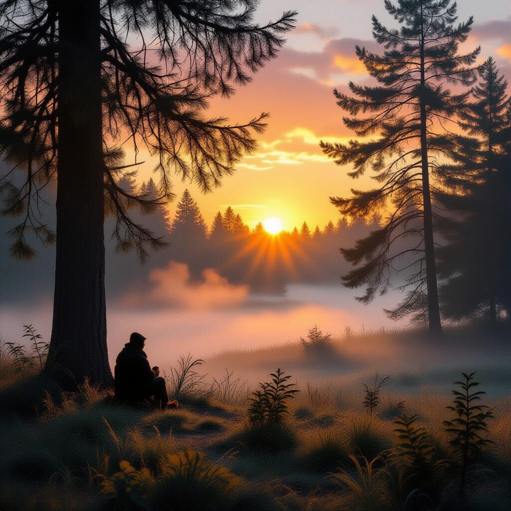 Ethereal Sunrise Over Misty Forest Landscape