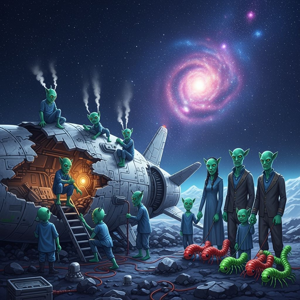 Aliens Repair Spaceship in Retro-Futuristic Galaxy