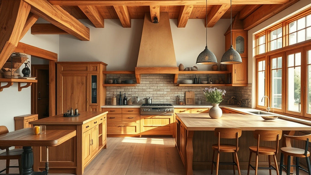Rustic Wooden Kitchen Interior with Warm Lighting