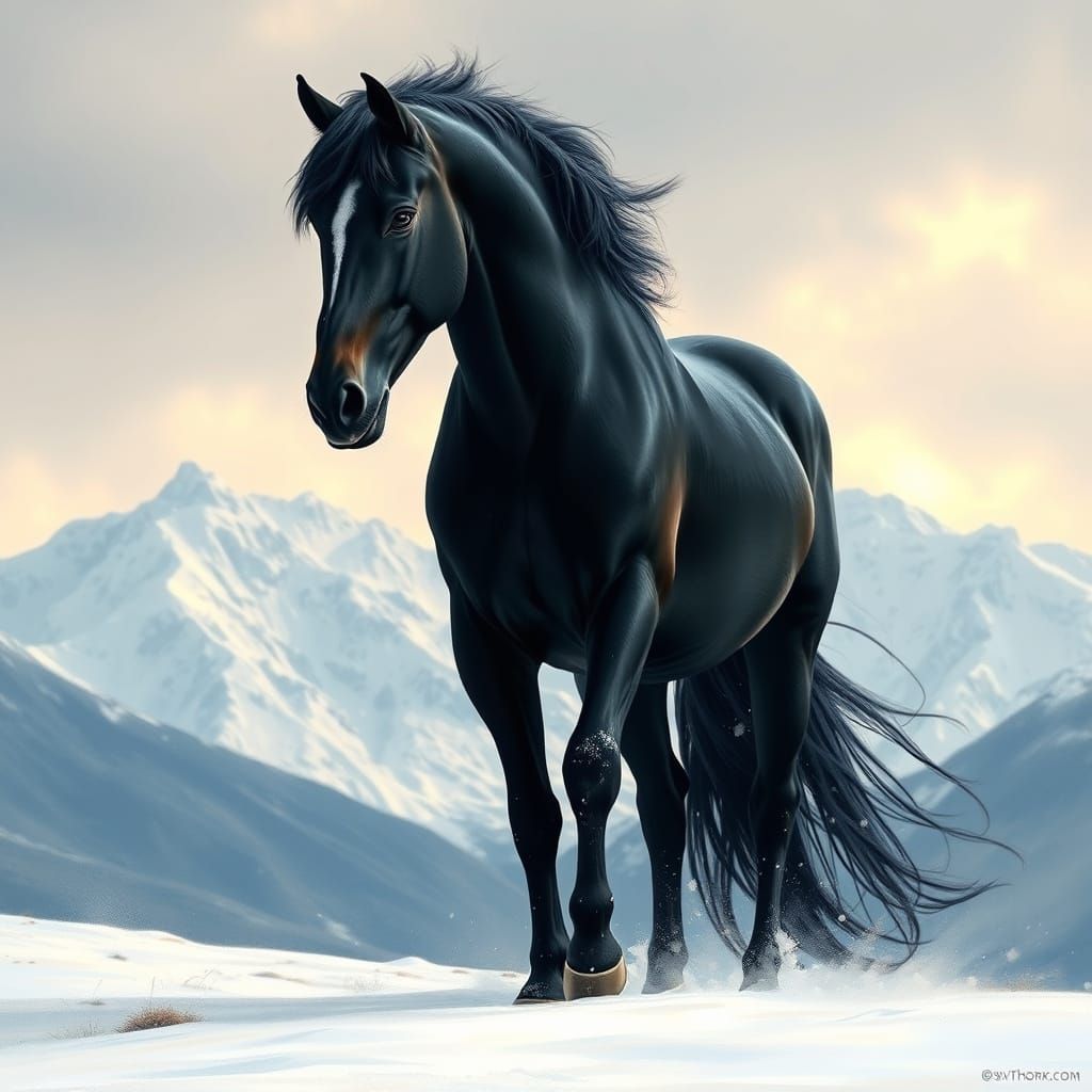 Majestic Black Horse in Snowy Mountain Landscape