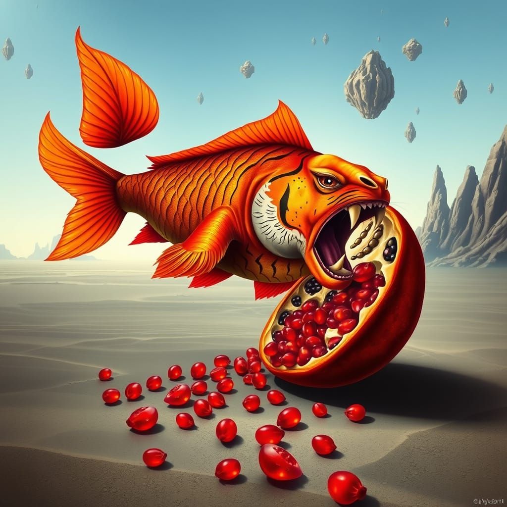 Surreal Hybrid Emerges from Pomegranate, in Dalí Style
