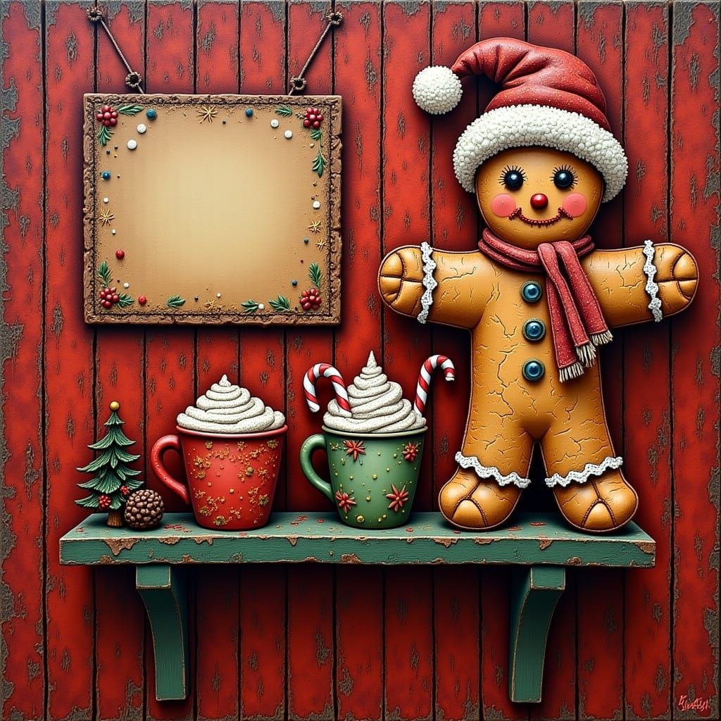 Distressed Wooden Wall with Gingerbread Man in Folk Art