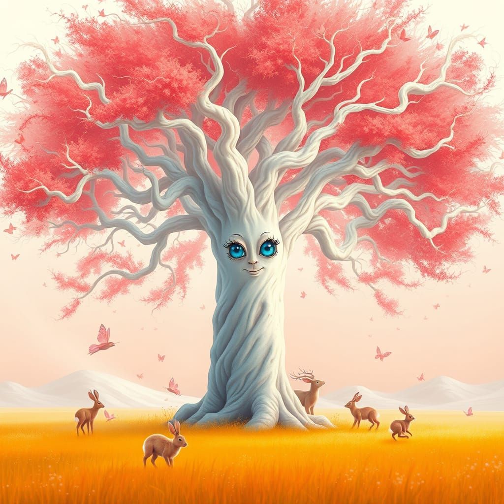 Whimsical Pastel Wonderland with Colossal Tree and Playful C...