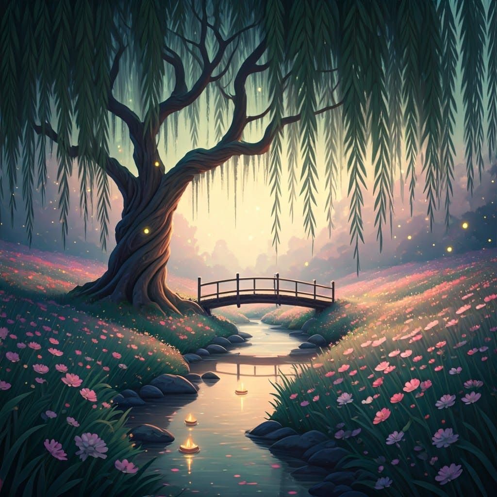 Wet-on-wet watercolor painting of a dreamy spring meadow bat...