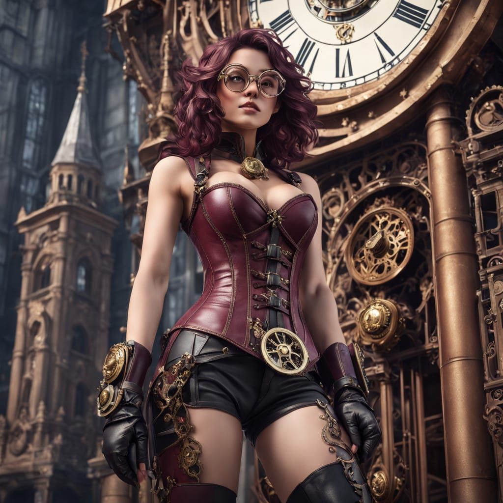 Steampunk Anime Girl in Front of Grand Clock Tower
