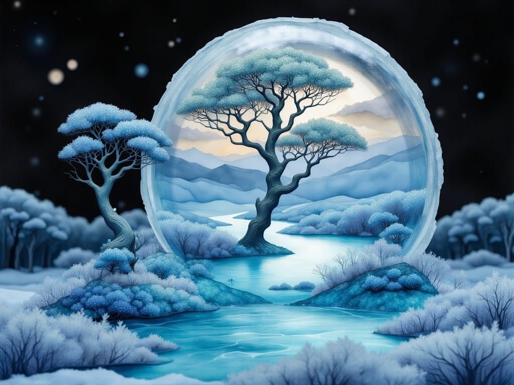 Ethereal Moonlit Ice Sculpture in Sumi-e Style