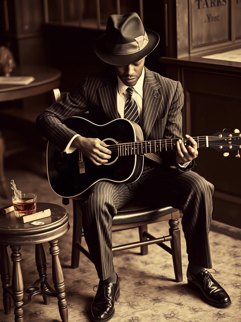 Vintage Blues Musician in Sepia Toned Setting