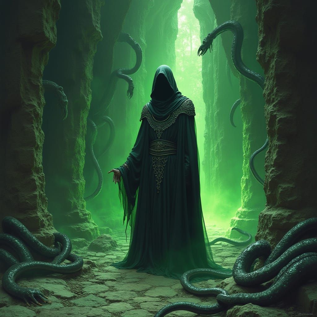 Dark Elf Warlock in Ancient Temple with Tentacles