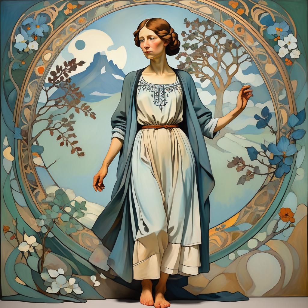Woman in Dynamic Pose: Art Nouveau Portrait