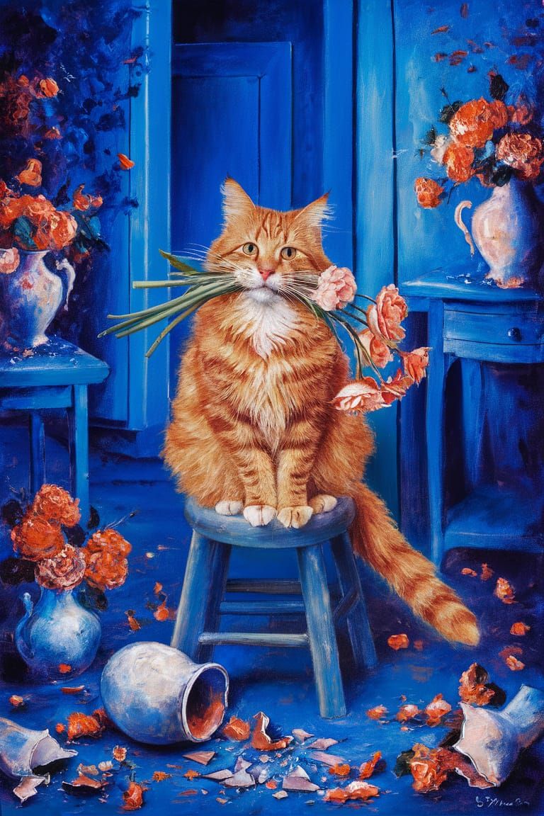Mischievous Cat Stealing Flowers, in Post-Impressionist Styl...