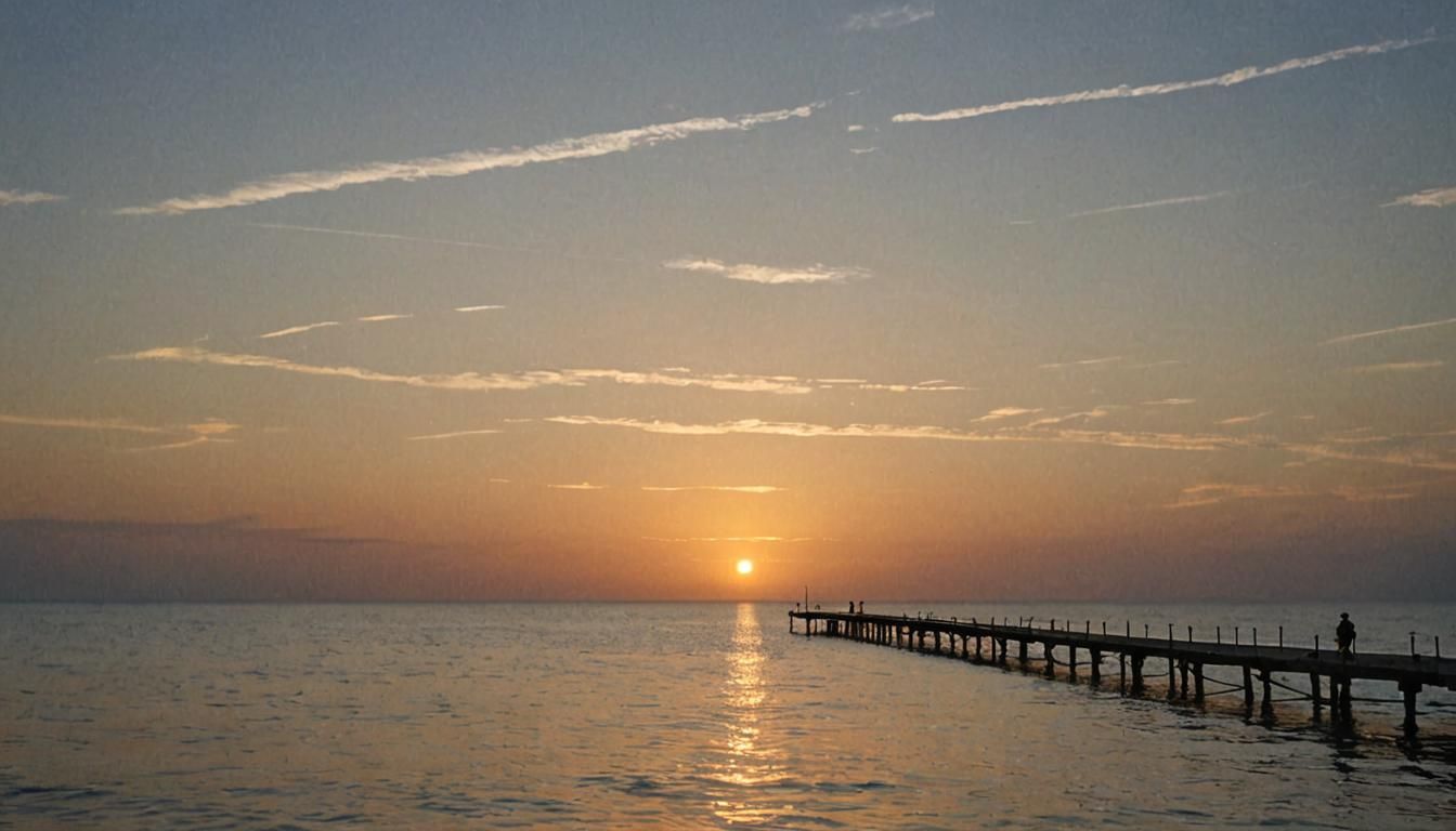 Fisherman Silhouetted on Pier at Sunset