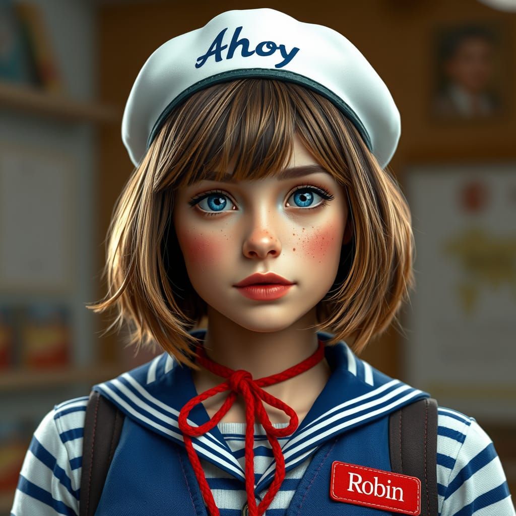 Freckled Beauty Wears Sailor Chic in a 3D Closeup