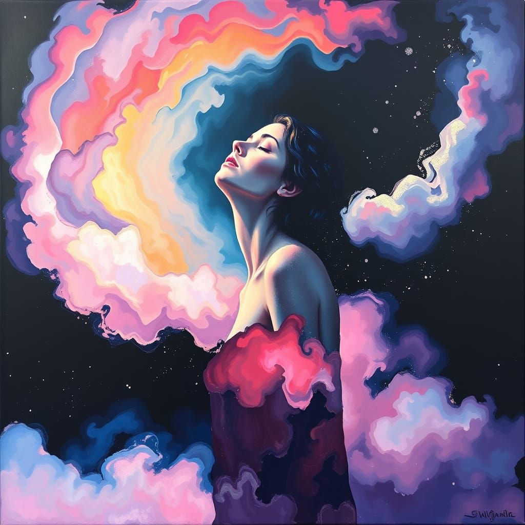 Dreamy Woman Amidst Night Clouds in Ethereal Light